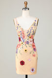 Bodycon Deep V-Neck Champagne Short Formal Dress with Appliques