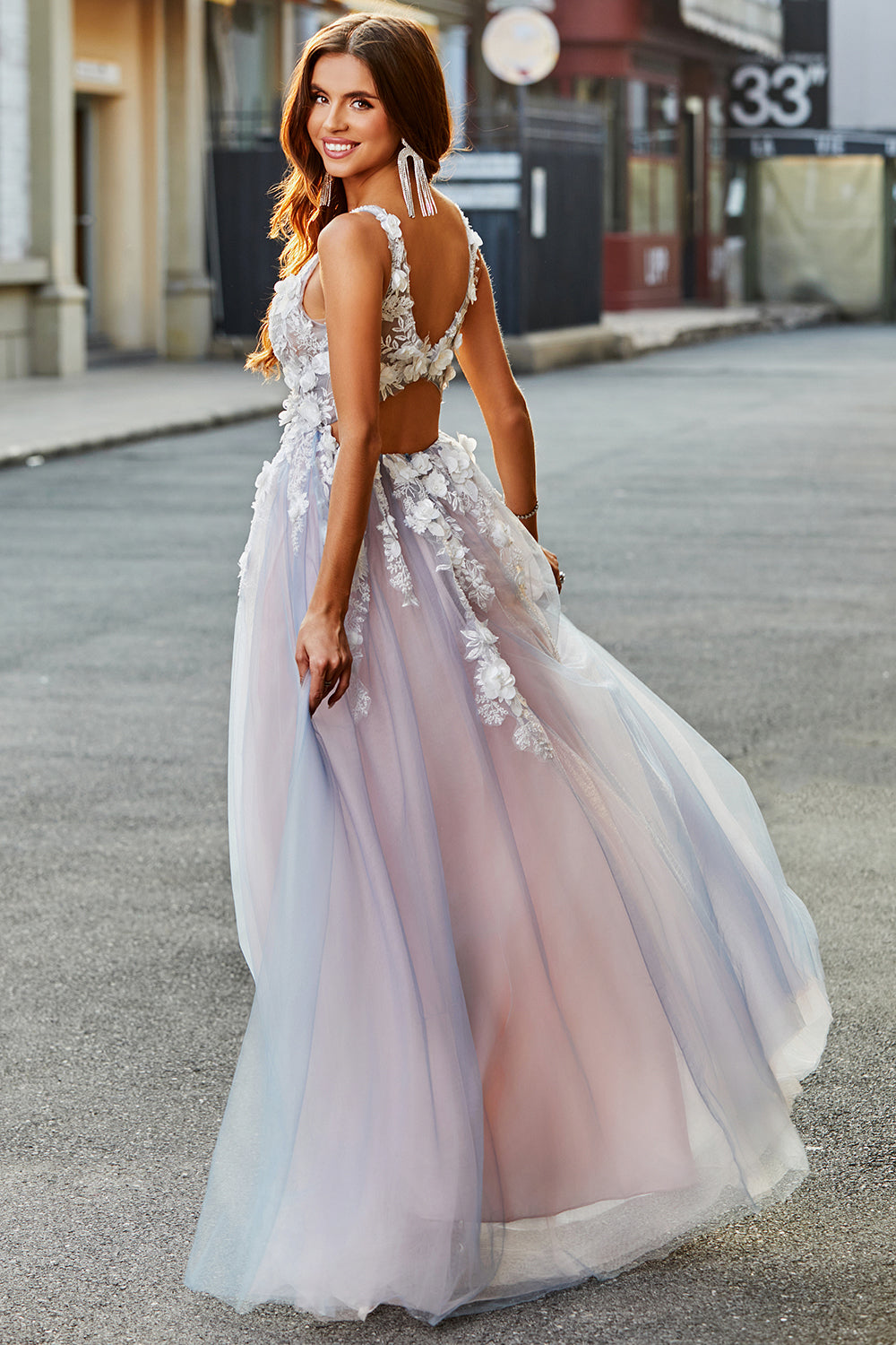 Grey Pink A Line Deep V Neck Long Formal Dress with Appliques