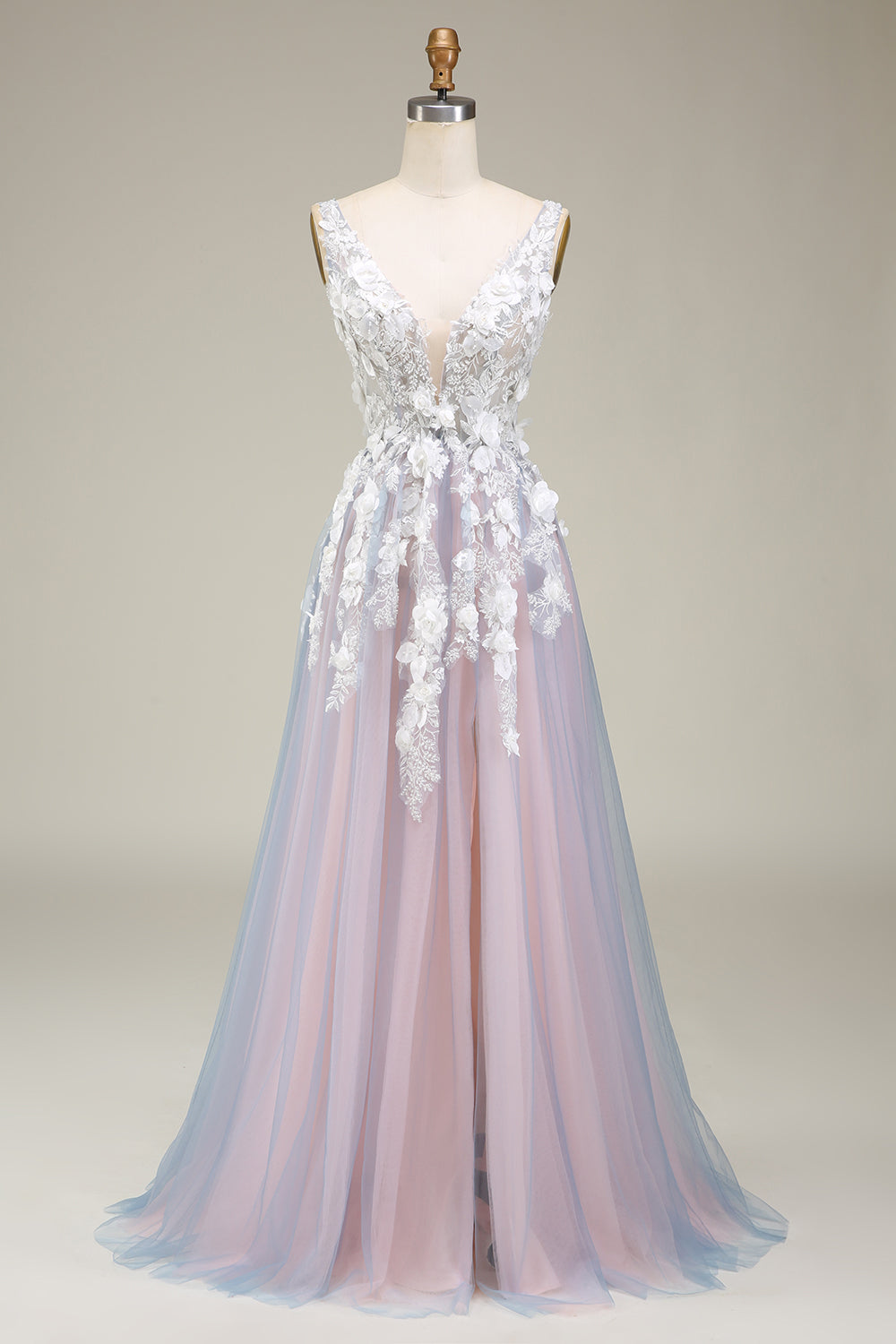 Gorgeous A Line Deep V Neck Grey Pink Long Formal Dress with Appliques