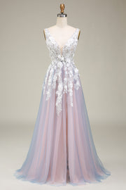 Gorgeous A Line Deep V Neck Grey Pink Long Formal Dress with Appliques