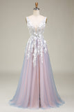 Gorgeous A Line Deep V Neck Grey Pink Long Formal Dress with Appliques