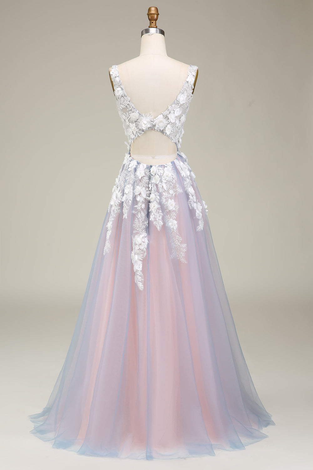 Gorgeous A Line Deep V Neck Grey Pink Long Formal Dress with Appliques