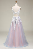 Gorgeous A Line Deep V Neck Grey Pink Long Formal Dress with Appliques