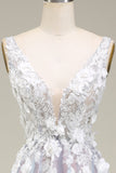 Gorgeous A Line Deep V Neck Grey Pink Long Formal Dress with Appliques