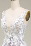 Gorgeous A Line Deep V Neck Grey Pink Long Formal Dress with Appliques