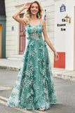 Green Spaghetti Straps A Line Formal Dress with Appliques