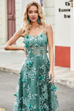 Green Spaghetti Straps A Line Formal Dress with Appliques