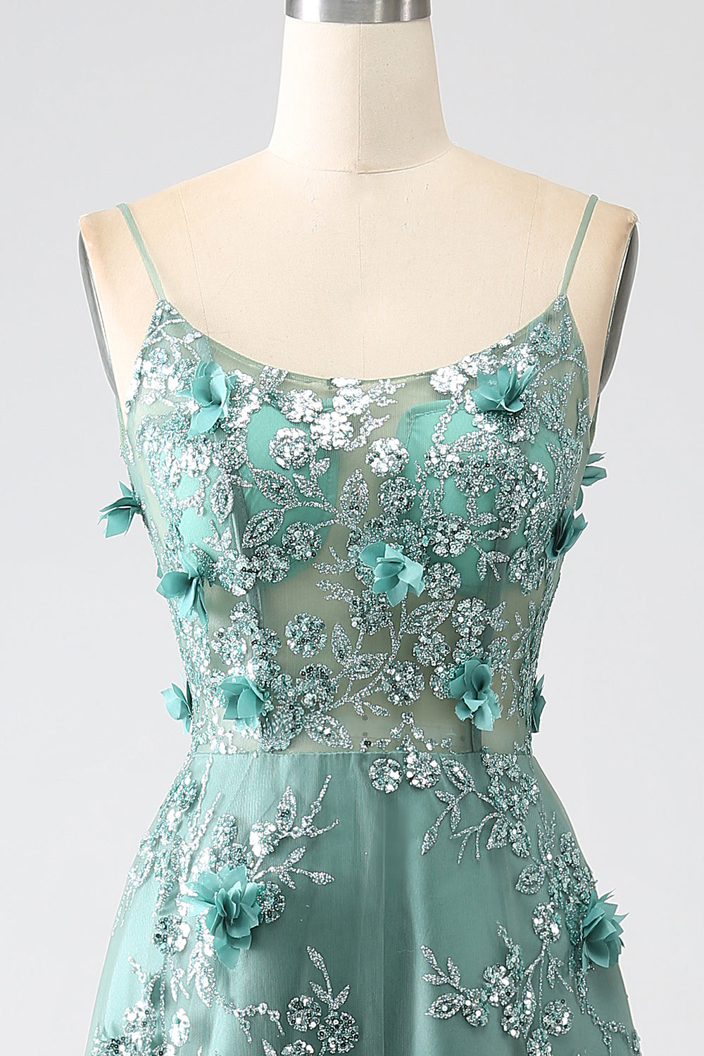 Glitter Dark Green Spaghetti Straps Lace Flower Long Corset Formal Dress