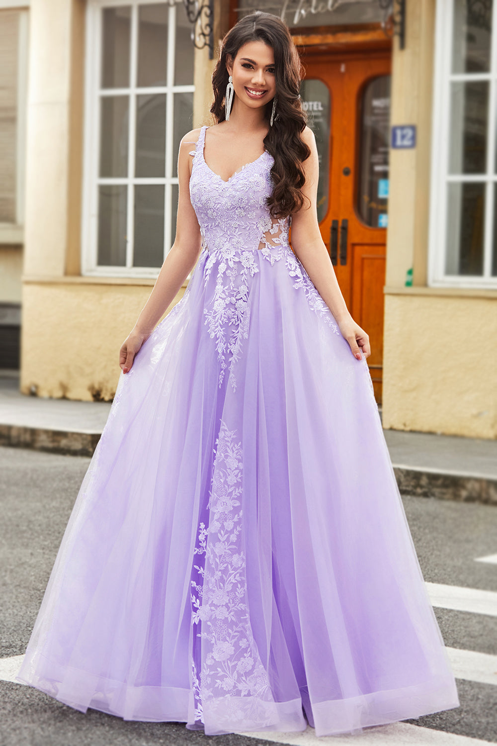 Gorgeous A Line Spaghetti Straps Lilac Tulle Long Formal Dress with Appliques