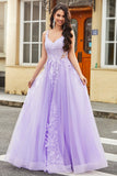 Gorgeous A Line Spaghetti Straps Lilac Tulle Long Formal Dress with Appliques