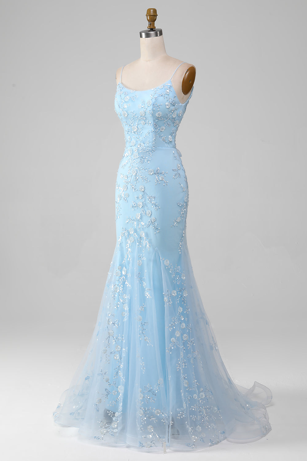 Sparkly Light Blue Beaded Mermaid Long Formal Dress
