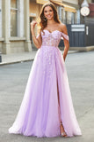 Off The Shoulder Lilac A-Line Beaded Corset Formal Dress