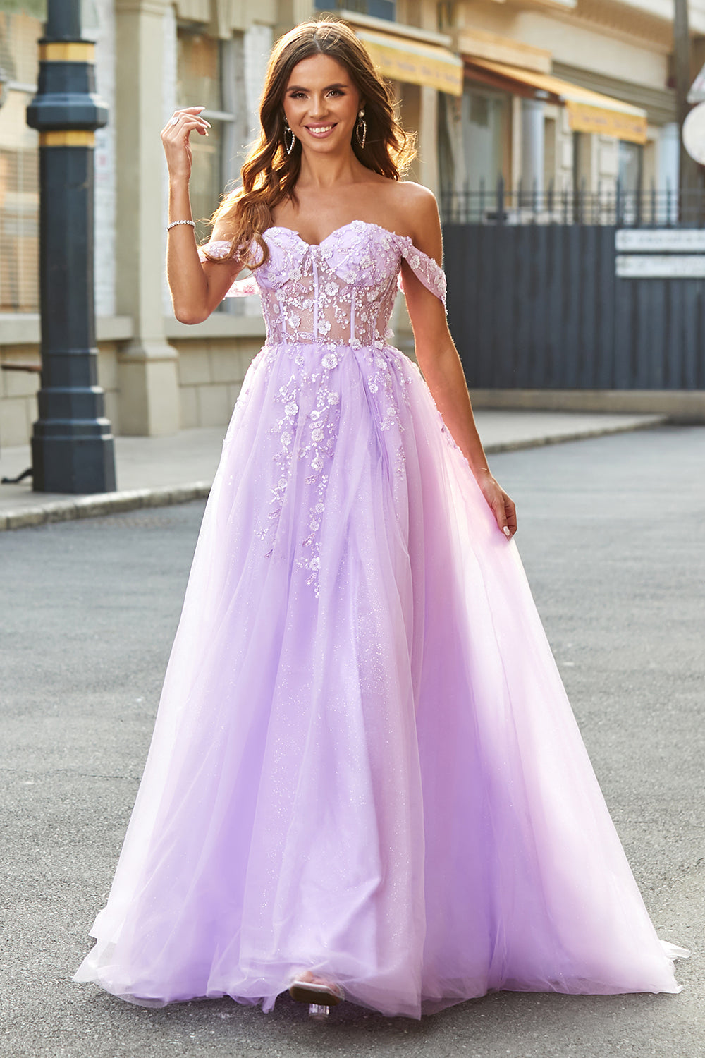 Off The Shoulder Lilac A-Line Beaded Corset Formal Dress