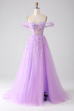 Lilac A-Line Off The Shoulder Beaded Corset Formal Dress