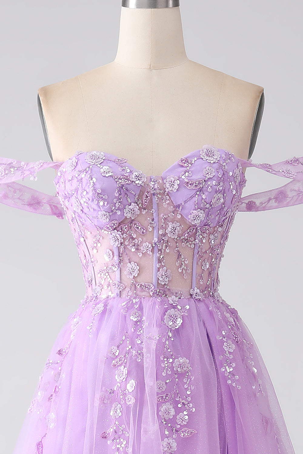 Lilac A-Line Off The Shoulder Beaded Corset Formal Dress