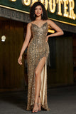 Sparkly Mermaid Golden Long Fringed Formal Dress with Slit