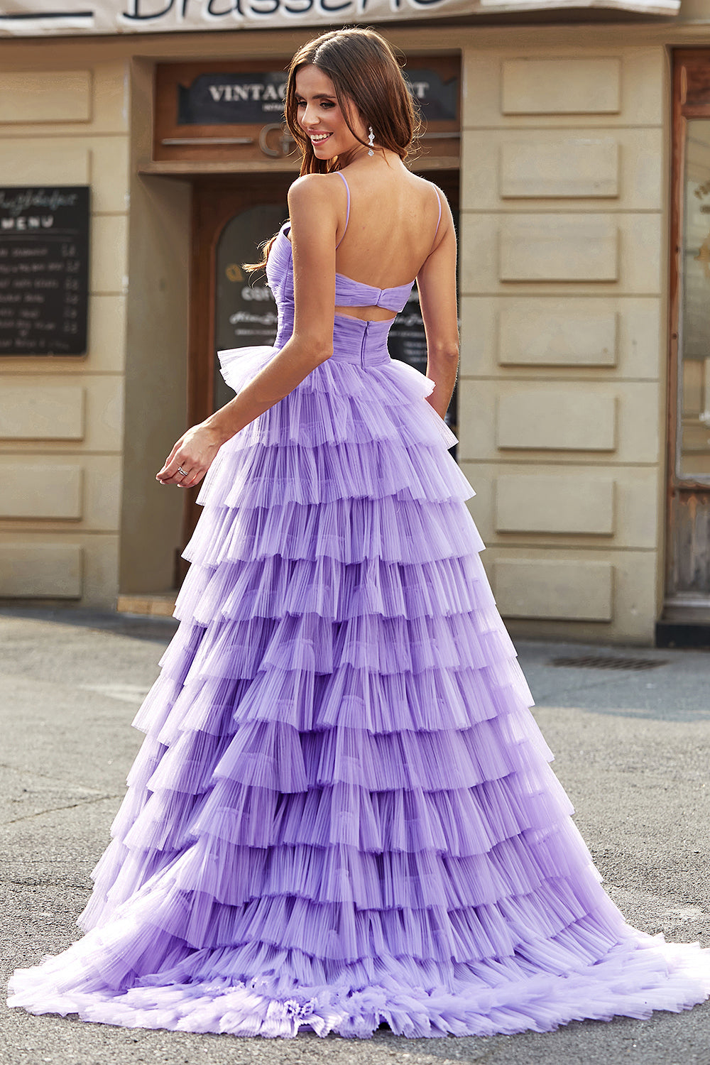 Tulle A-Line Purple Tiered Long Formal Dress with Slit