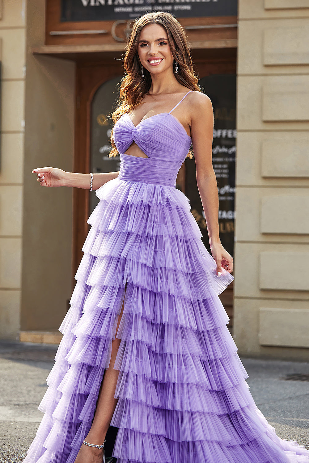 Tulle A-Line Purple Tiered Long Formal Dress with Slit