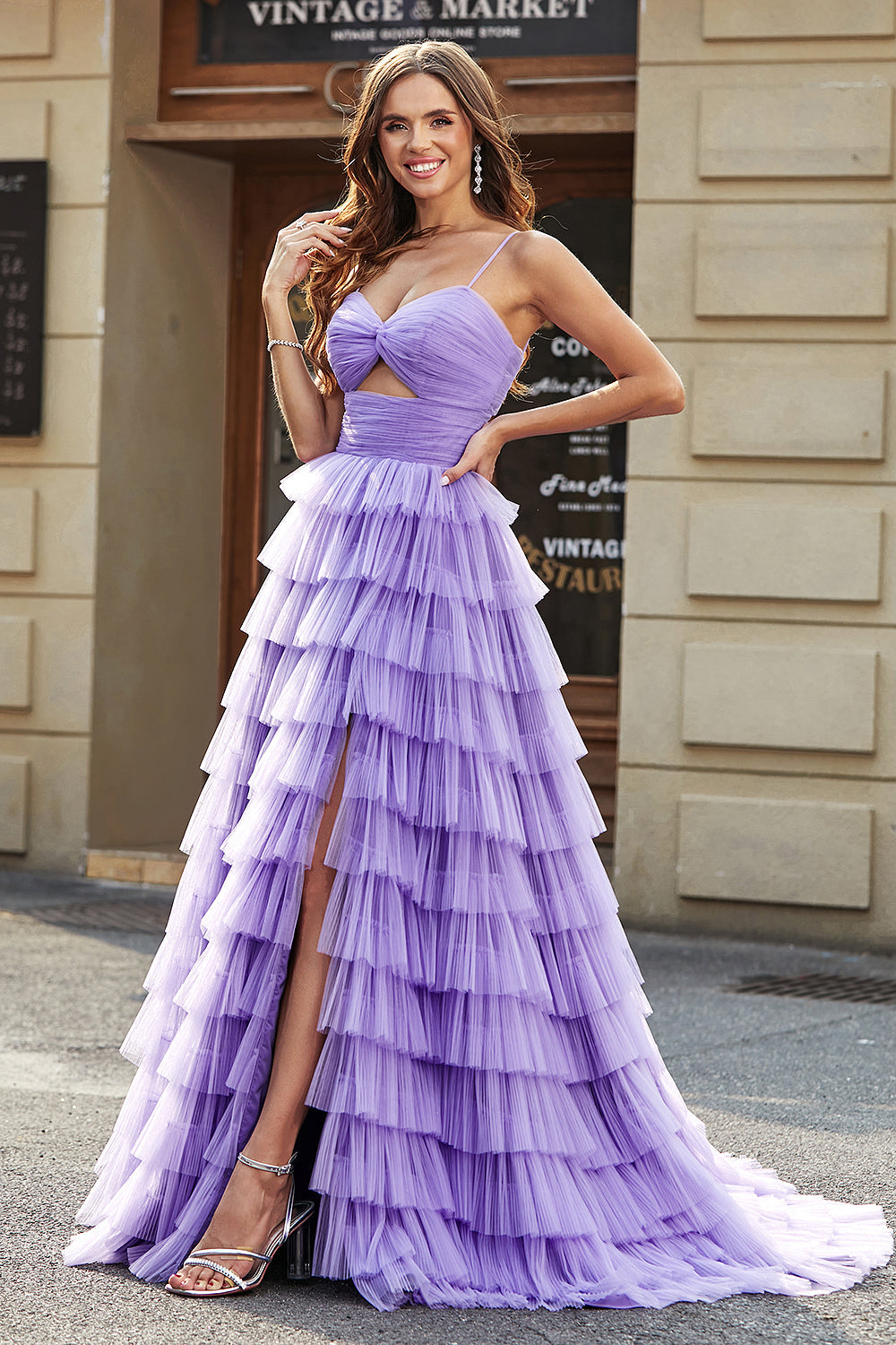 Tulle A-Line Purple Tiered Long Formal Dress with Slit