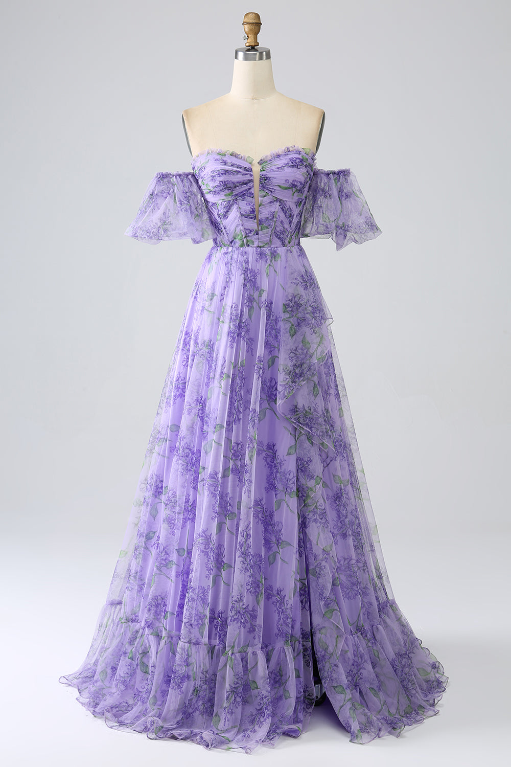 Printed Lavender Off the Shoulder A line Formal Dress with Removable Sleeves