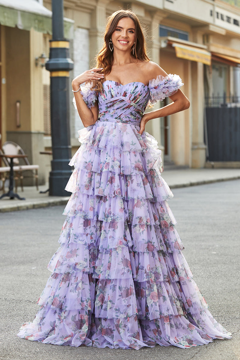 Gorgeous A Line Off the Shoulder Lavender Printed Long Formal Dress with Ruffles