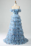 Off the Shoulder Floral Printed Tiered Formal Dress with Pleated
