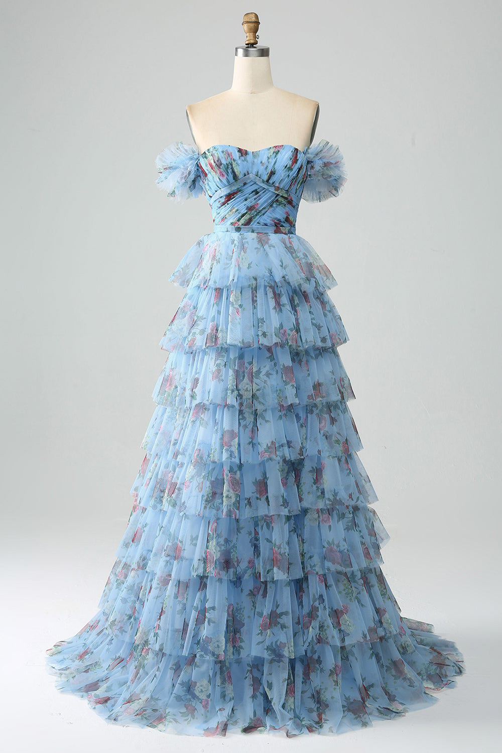 Gorgeous A Line Off the Shoulder Lavender Printed Long Formal Dress with Ruffles