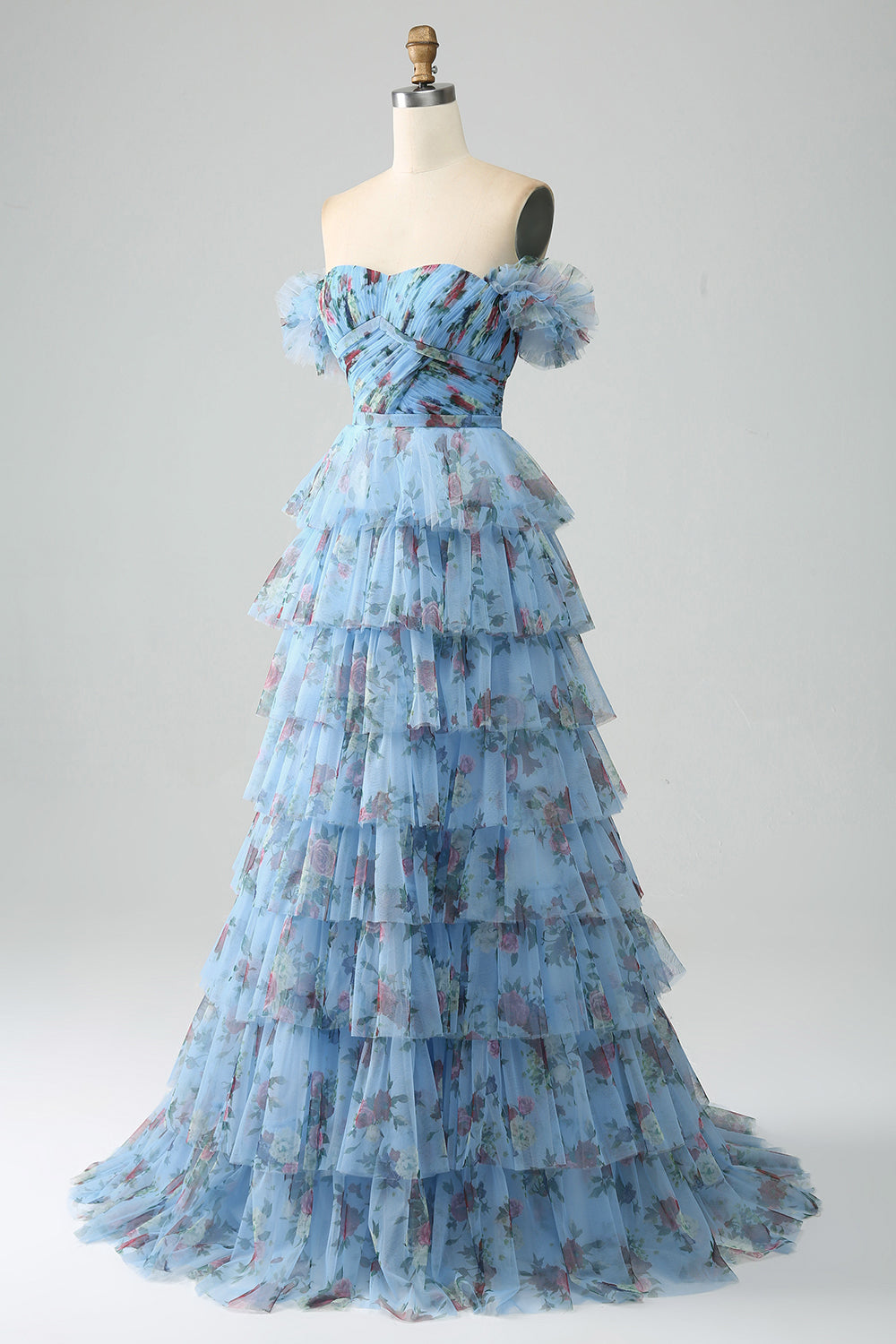 Gorgeous A Line Off the Shoulder Lavender Printed Long Formal Dress with Ruffles