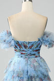 Gorgeous A Line Off the Shoulder Lavender Printed Long Formal Dress with Ruffles