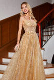 Golden Glitter Corset Long Formal Dress with Flowers