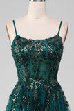 Dark Green Spaghetti Straps A Line Formal Dress with Slit