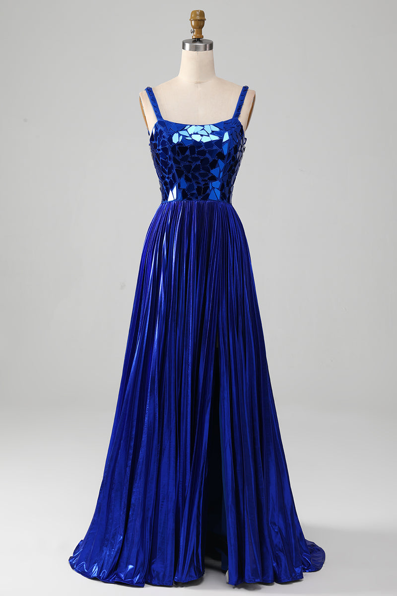 ZAPAKA Women Sparkly Royal Blue Prom Dress with Slit ALine LaceUp