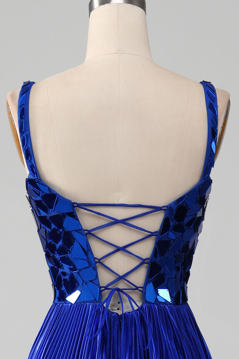 Sparkly Lace-Up Back Royal Blue Mirror Formal Dress with Slit