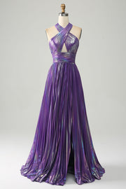 Sparkly Purple Halter A Line Formal Dress with Pleated