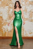 Sparkly Mermaid Green Sequins Long Formal Dress with Split Front