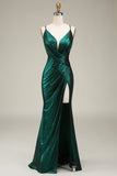 Hot Mermaid Spaghetti Straps Dark Green Long Formal Dress with Open Back