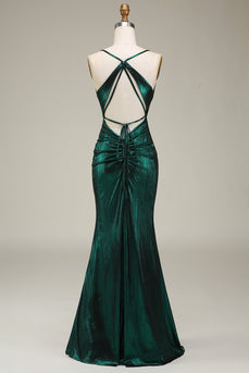 Hot Mermaid Spaghetti Straps Dark Green Long Formal Dress with Open Back
