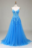 A-Line Spaghetti Straps Blue Tulle Formal Dress With Appliques