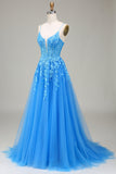A-Line Spaghetti Straps Blue Tulle Formal Dress With Appliques