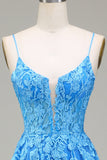 A-Line Spaghetti Straps Blue Tulle Formal Dress With Appliques