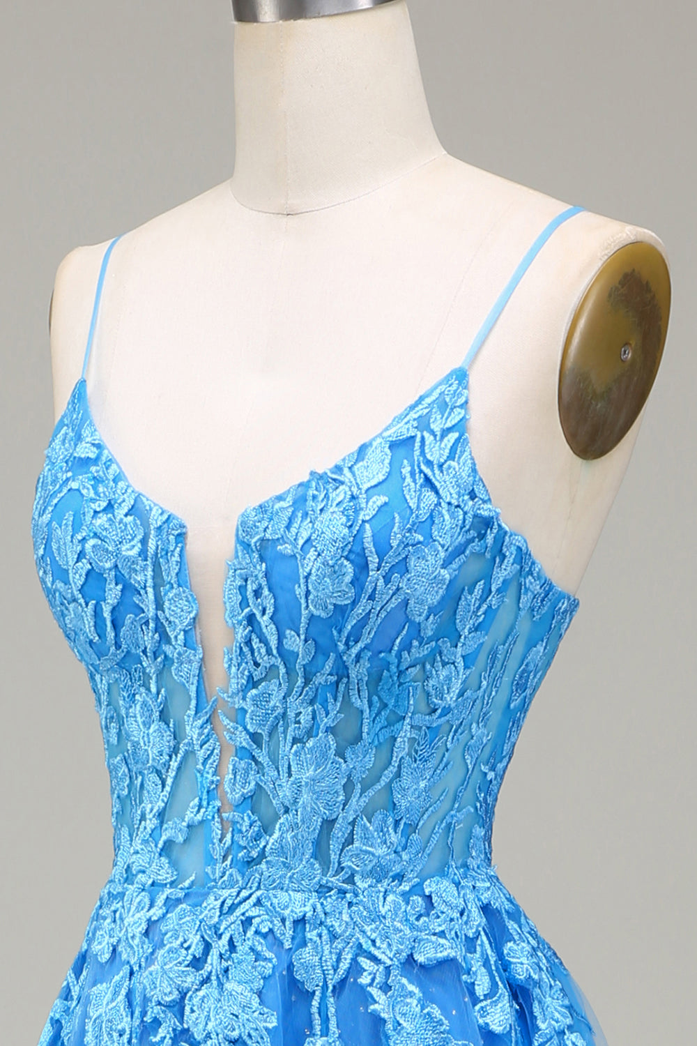 A-Line Spaghetti Straps Blue Tulle Formal Dress With Appliques