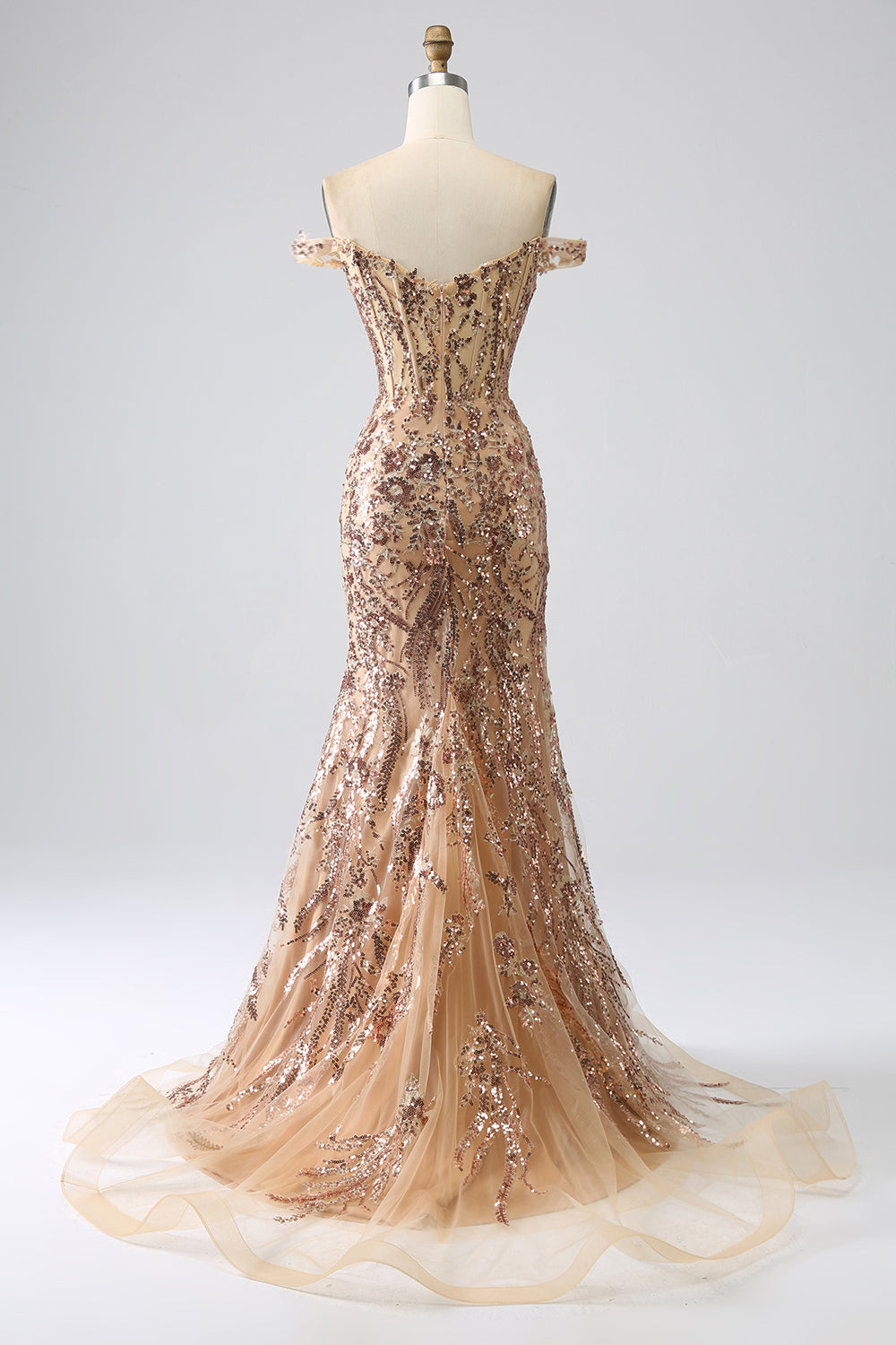 Sparkly Mermaid Off The Shoulder Golden Corset Formal Dress with Slit