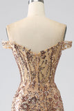 Sparkly Mermaid Off The Shoulder Champagne Corset Formal Dress with Slit