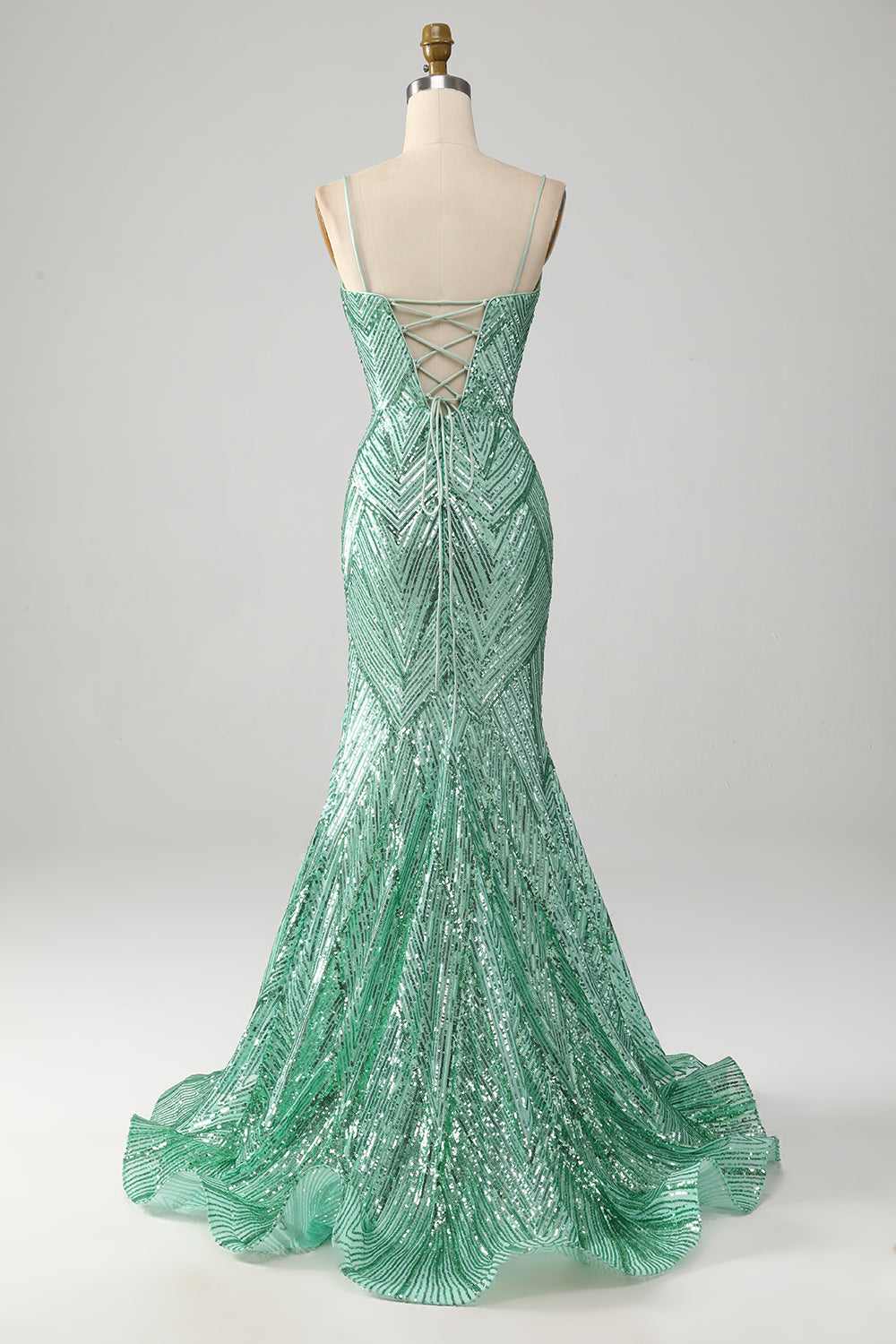 Sparkly Green Sequins Lace-Up Back Long Mermaid Formal Dress with Slit