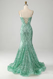 Sparkly Green Sequins Lace-Up Back Long Mermaid Formal Dress with Slit