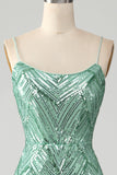 Sparkly Green Sequins Lace-Up Back Long Mermaid Formal Dress with Slit