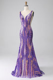 Dark Purple Mermaid V Neck Sequins Long Formal Dress