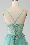 Green A-Line Spaghetti Straps Long Corset Formal Dress with Appliques