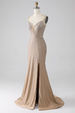 Sparkly Champagne Mermaid Spaghetti Straps Long Formal Dress with Slit