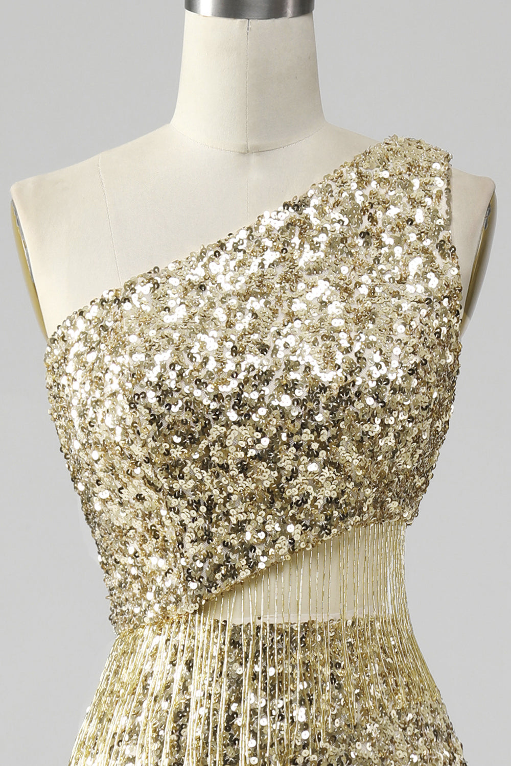 Golden One Shoulder Fringe Sequin Formal Dress With Slit